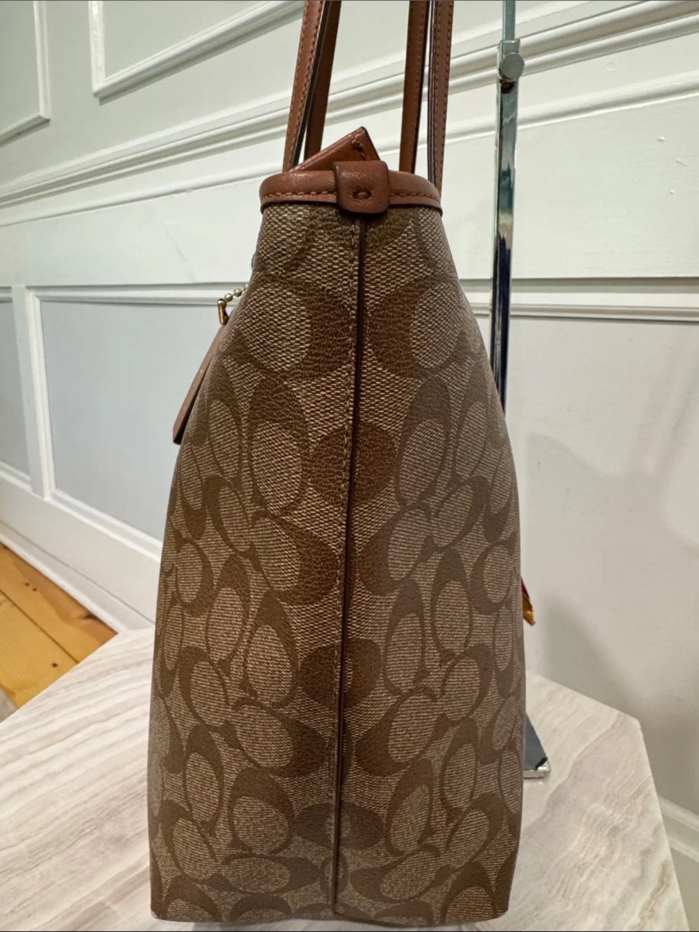 Coach Bag Signature Varsity City Zip Brown Tote with Logo Signature Stripe